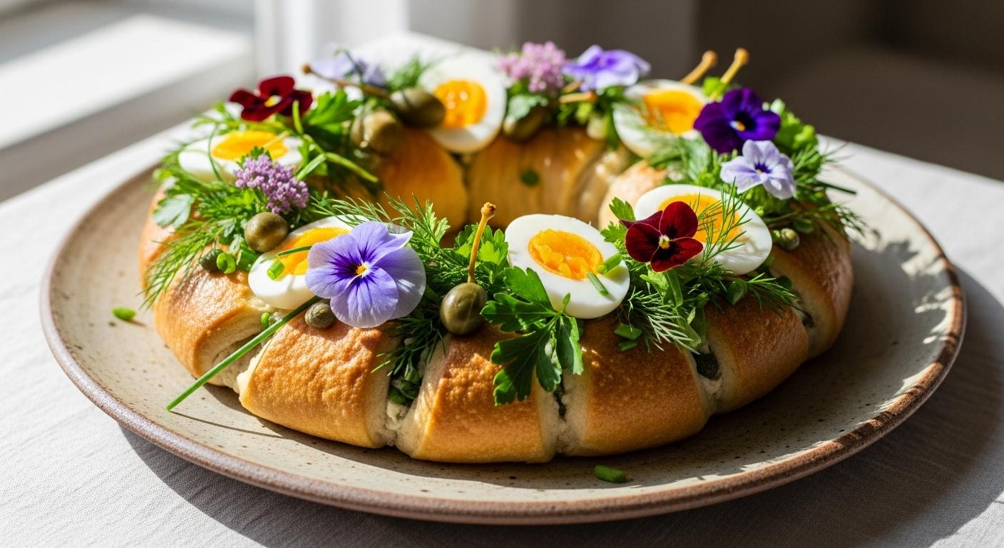 Couronne de romaine garnie de fleurs fraîches, œufs durs coupés, câpres et herbes sur une grande assiette rustique posée sur une nappe claire, lumière naturelle de printemps qui illumine les couleurs vives