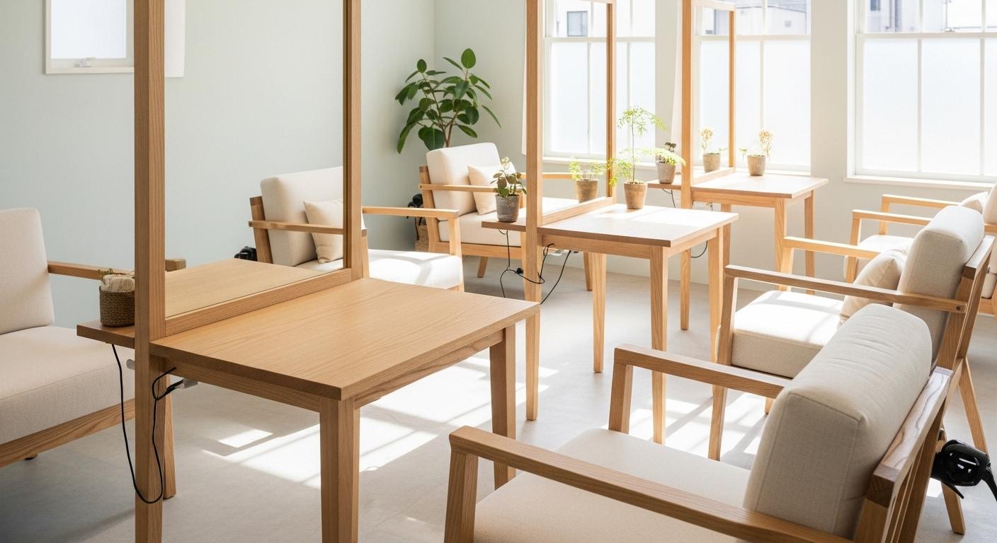 Salon épuré baigné de lumière naturelle, aux lignes basses, murs clairs, mobilier en bois et coton, ambiance douce et calme.