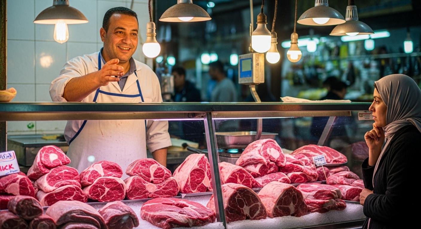 Un boucher marocain derrière sa vitrine, présentant des morceaux de paleron et de jarret frais, sous l’éclairage du marché, avec un client hésitant devant le choix de la viande.