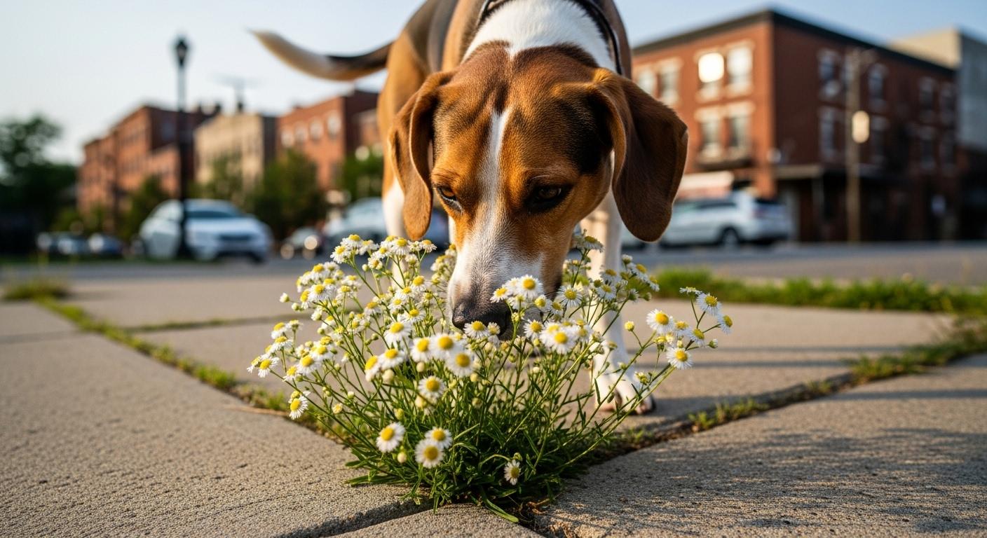 Un chien renifle une touffe de vergerette du Canada au bord d'un trottoir, son museau tout près des petites fleurs blanches serrées, avec un décor urbain en arrière-plan