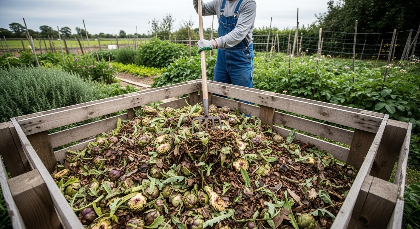 Un composteur de jardin extérieur débordant de morceaux d’artichaut coupés et de feuilles mélangées à des déchets bruns, avec un jardinier en train de brasser le tout sous un ciel nuageux.