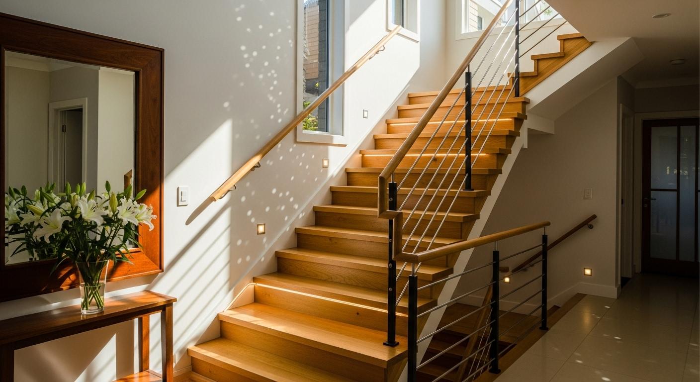 Une entrée de maison traversée de lumière, mettant en valeur un escalier en bois lumineux et modernisé qui attire immédiatement le regard des visiteurs, ambiance chaleureuse et accueillante.
