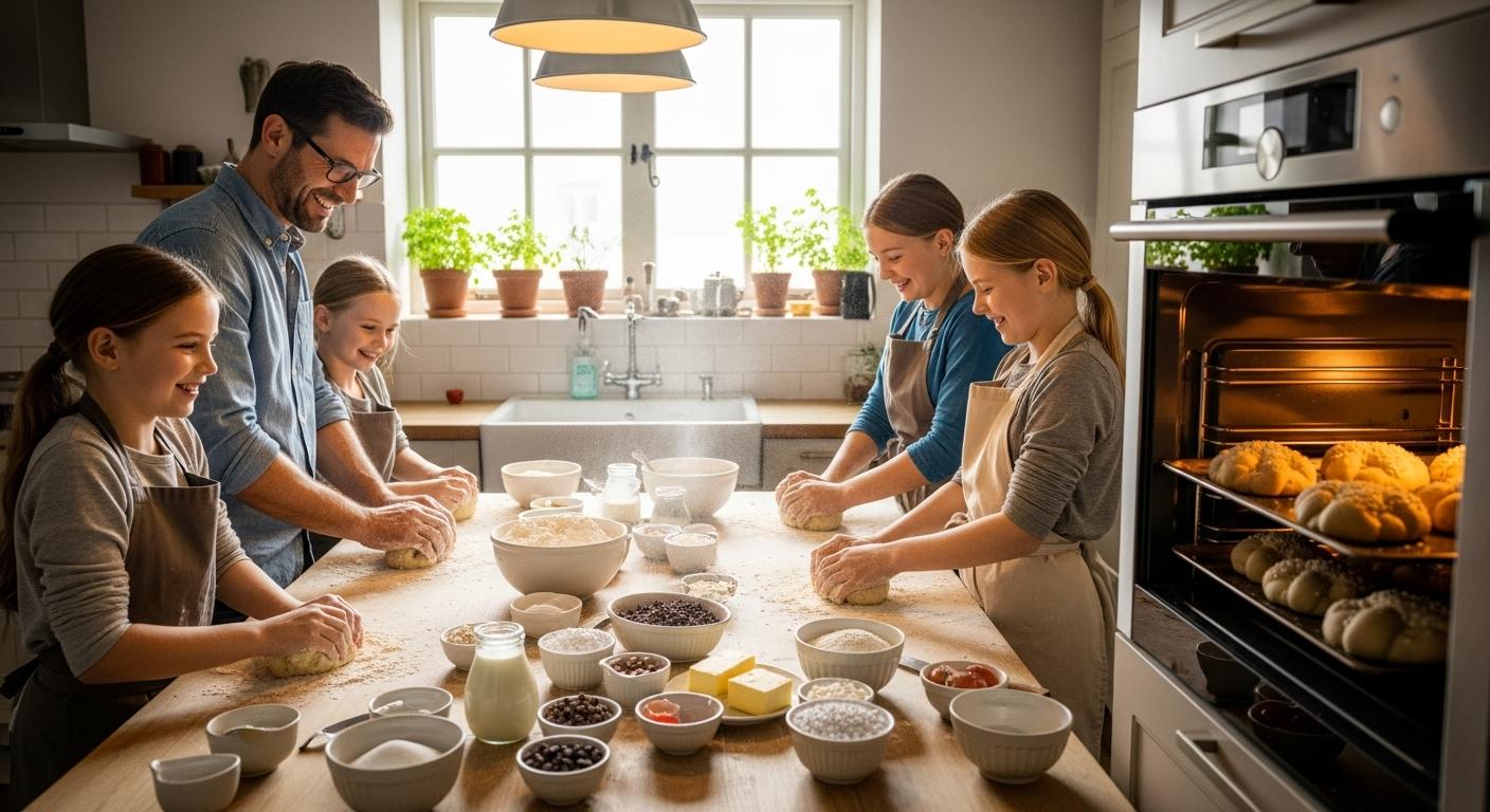 Une famille réunie dans une cuisine lumineuse, chacun réalise sa propre brioche sans levure sur le plan de travail, la table est couverte de bols d’ingrédients simples, les sourires fusent et la chaleur du four dore les brioches tout juste enfournées.