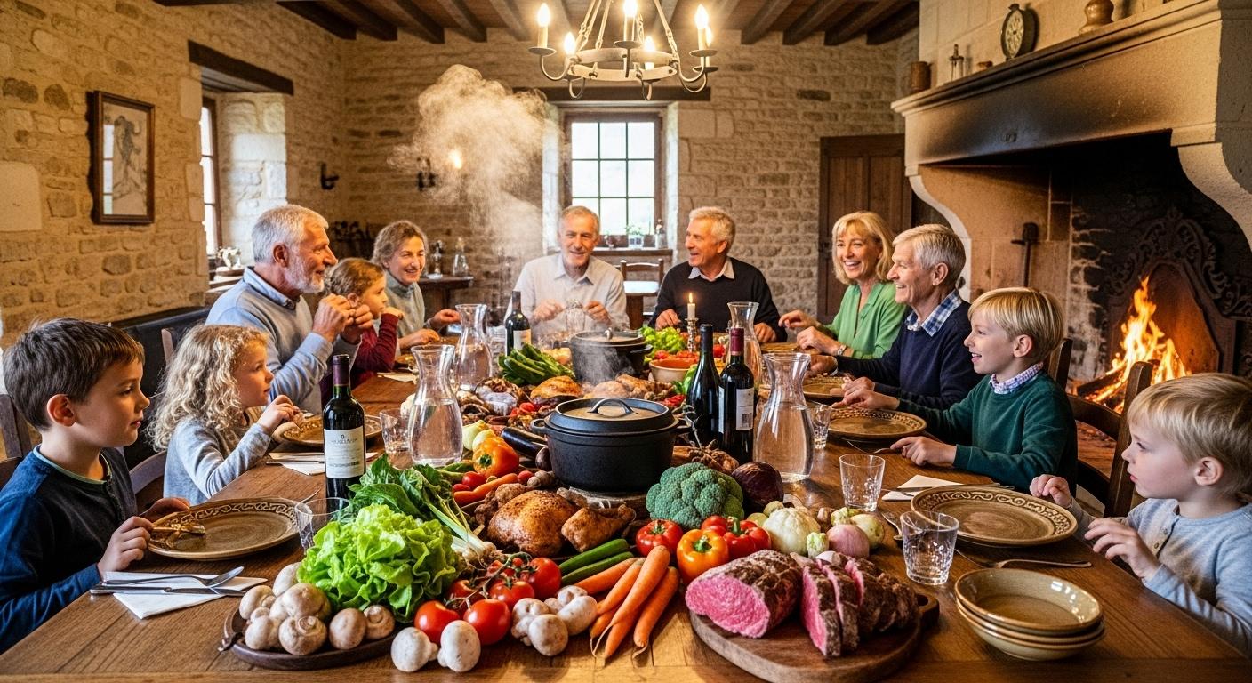 Une grande table rustique au cœur d'une maison ancienne, autour de laquelle une famille nombreuse discute et rit pendant que la cocotte fume au centre, entourée de légumes frais et de gros morceaux de viande.