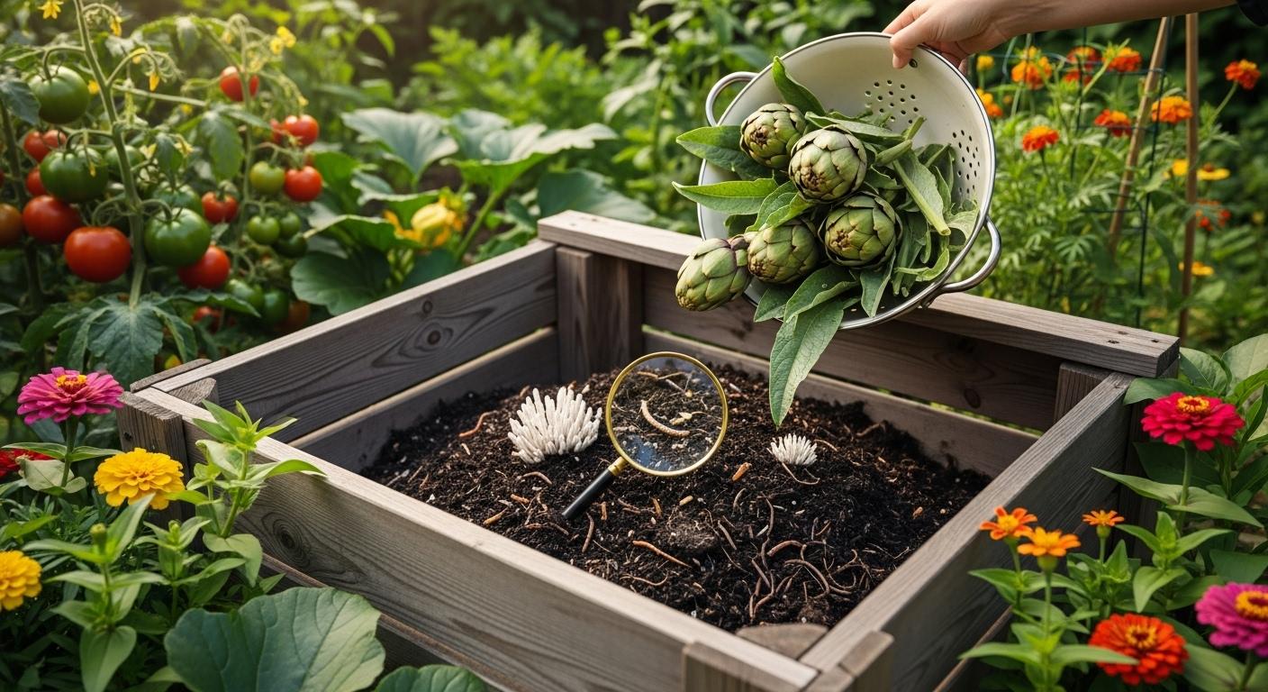 Une main verse des feuilles d’artichaut fraîches dans un composteur de jardin en bois, entouré de légumes et de fleurs, avec de la terre noire et des micro-organismes visibles à la loupe sur une zone du compost.