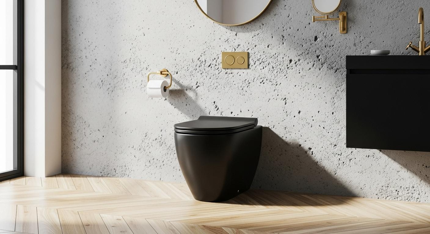 Une salle de bain moderne avec des toilettes noires mates, associées à un mur en béton brut, un parquet clair et quelques touches de laiton pour une ambiance élégante et chaleureuse en pleine lumière naturelle.
