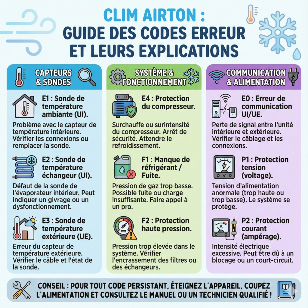 La liste des codes erreur Clim Airton toutes les explications à connaître