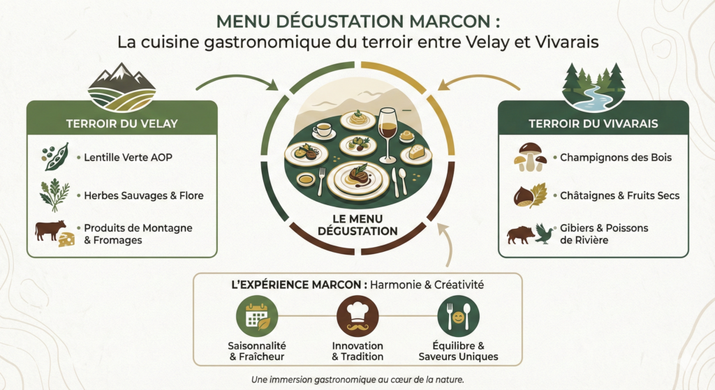 Menu dégustation Marcon : la cuisine gastronomique du terroir entre Velay et Vivarais