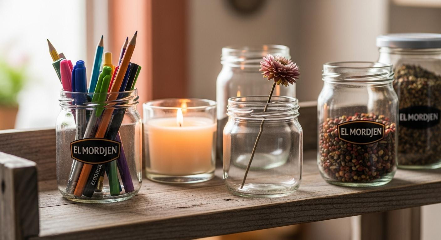 Plusieurs pots vides de pâte à tartiner El Mordjen, réutilisés sur une étagère de cuisine ; l'un sert de pot à crayons avec des stylos colorés, un autre contient une bougie allumée diffusant une lumière douce, un troisième accueille une fleur séchée et le dernier montre quelques épices colorées, le tout dans une ambiance chaleureuse et conviviale.