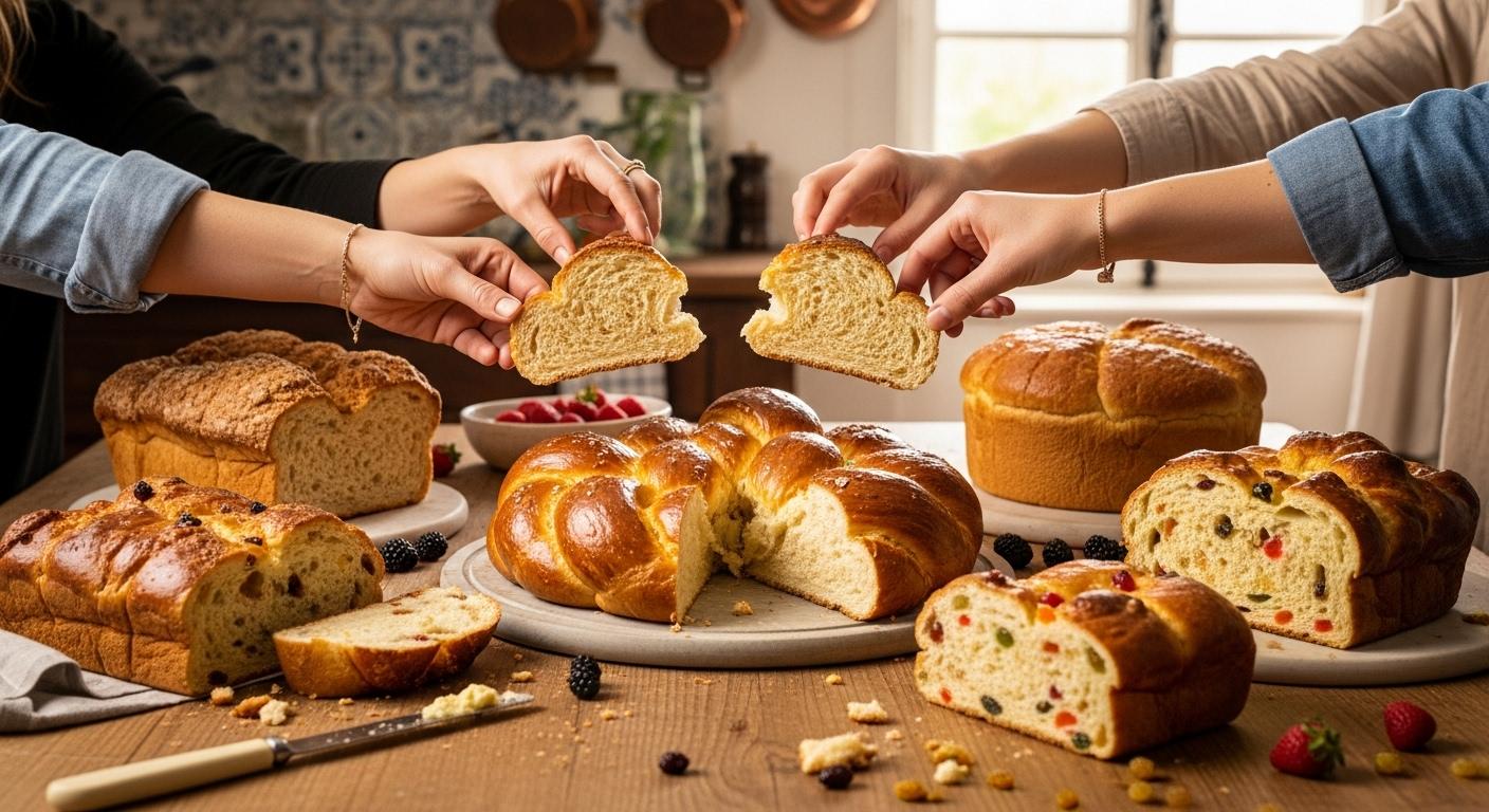 Table familiale garnie de plusieurs types de brioche tranchée, dont une traditionnelle rassise, une industrielle, une tressée artisanale et une aux fruits, avec des mains qui s’empressent d’attraper la dernière tranche dorée au centre, ambiance conviviale de cuisine française.