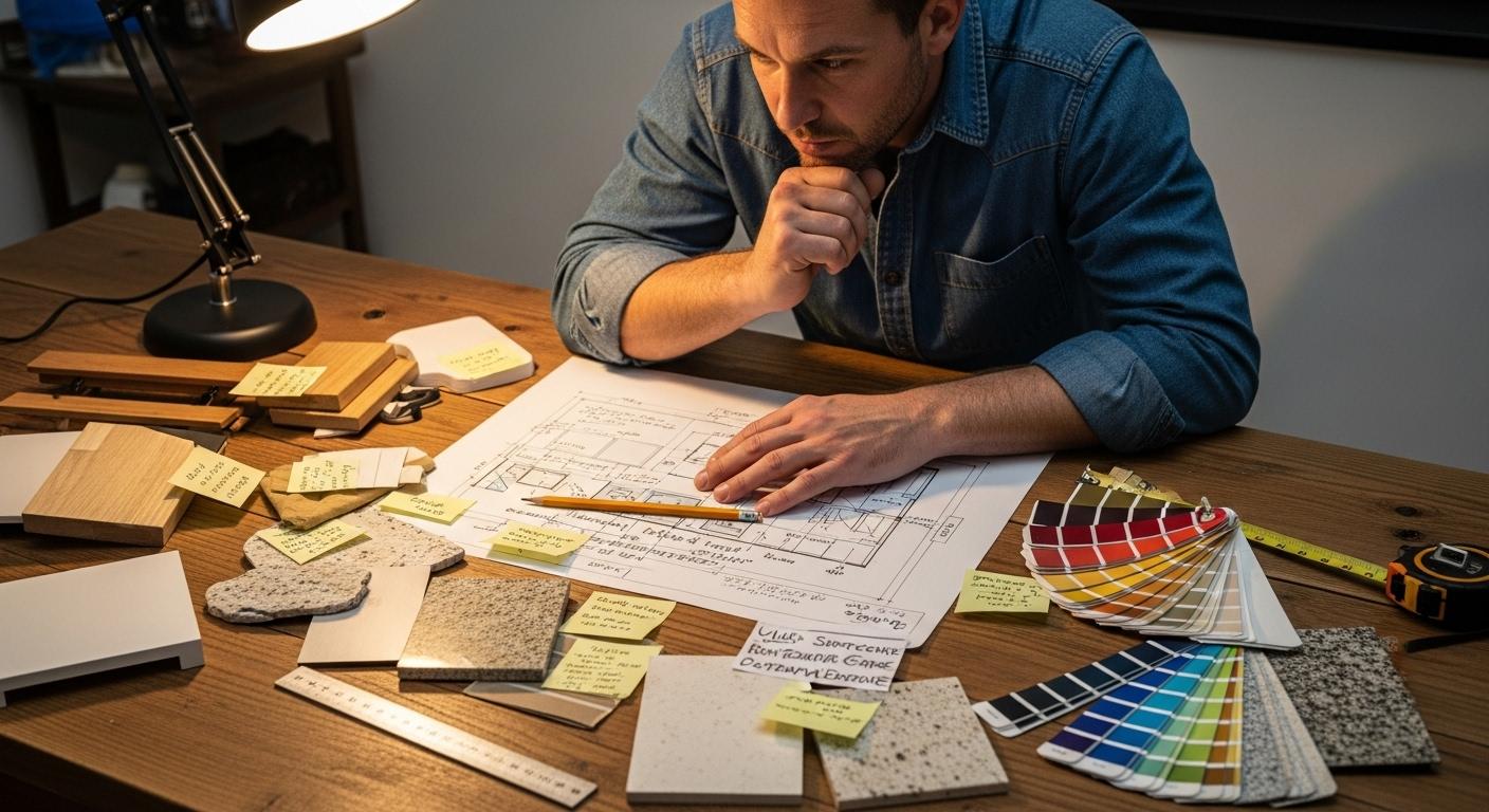 Un artisan regarde attentivement un plan griffonné de cuisine posé sur une table, entouré d'échantillons de matériaux, de couleurs et de notes manuscrites, réfléchissant à la meilleure manière de transformer la pièce selon les contraintes et les préférences du client.