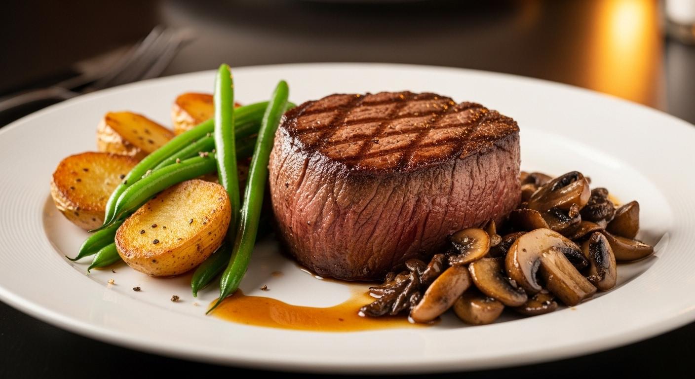 Un tournedos parfaitement cuit présenté dans une assiette élégante, entouré de pommes de terre grenailles dorées, d’haricots verts frais légèrement croquants et d’une poêlée de champignons savoureux, le tout sous une lumière chaleureuse donnant une ambiance gourmande de table de fête.