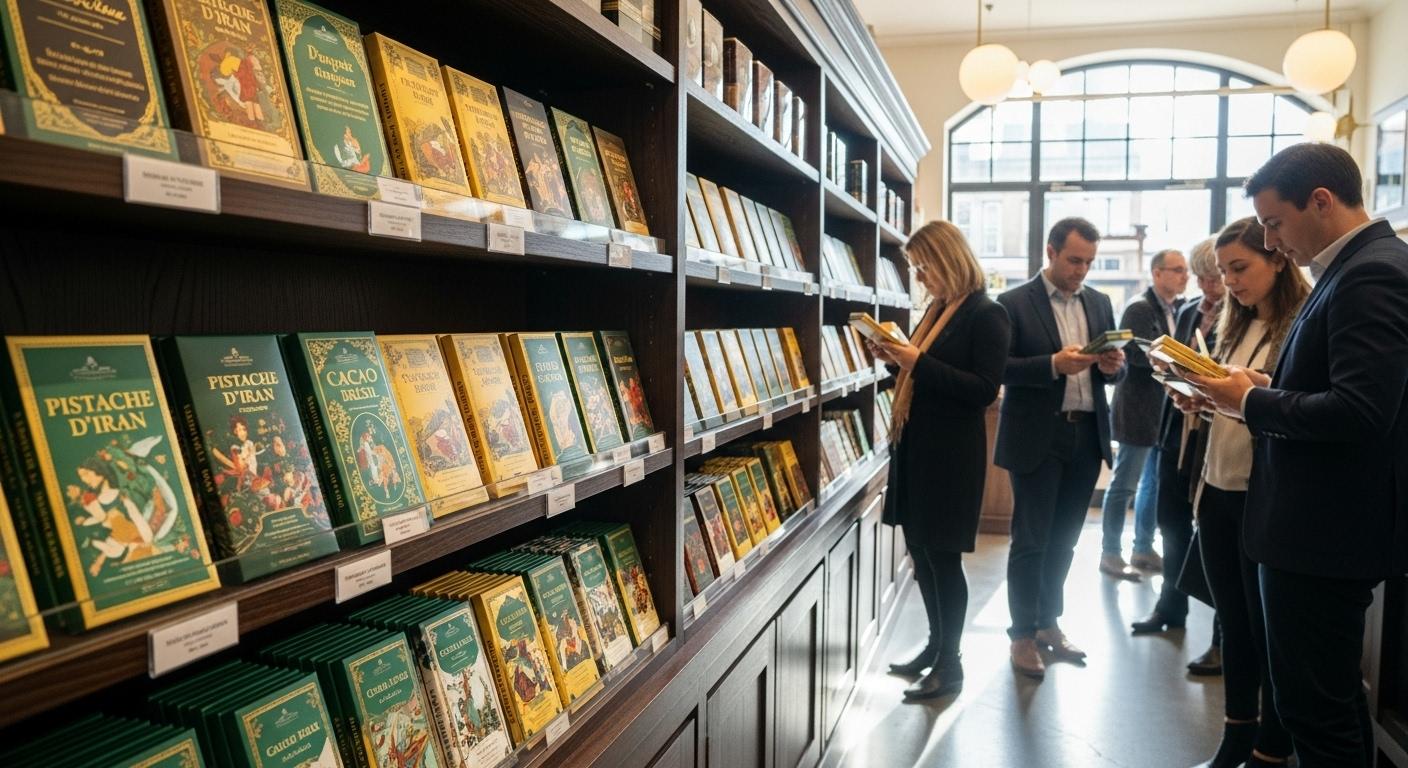 Une allée lumineuse dans une boutique de chocolat élégante, avec des étagères garnies de tablettes ornées d'emballages verts et dorés, des étiquettes affichant pistache d’Iran et cacao du Brésil, clients observant attentivement les produits.