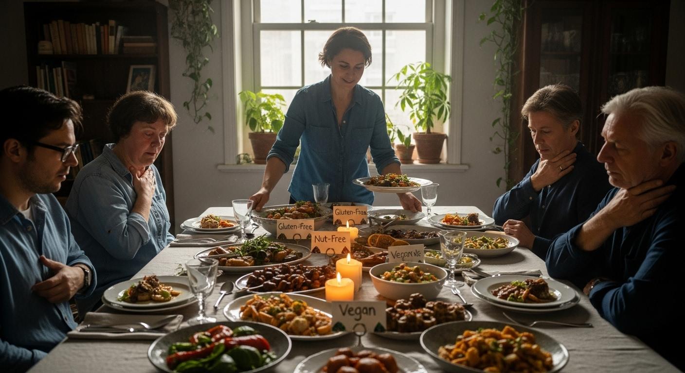 Une grande table de dîner conviviale avec plusieurs convives, dont certains affichent des signes visibles d'allergie ou de malaise, tandis que l'hôte ajuste les préparations et propose des alternatives gourmandes dans des plats décorés, ambiance chaleureuse, lumière naturelle d'intérieur