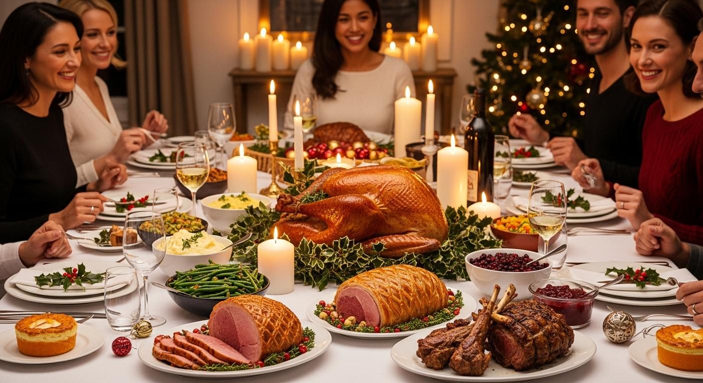 Une grande table familiale de Noël dressée avec une nappe blanche, des bougies, une dinde dorée au centre, des plats de viande variés, tous les invités souriants et rassemblés dans une ambiance chaleureuse