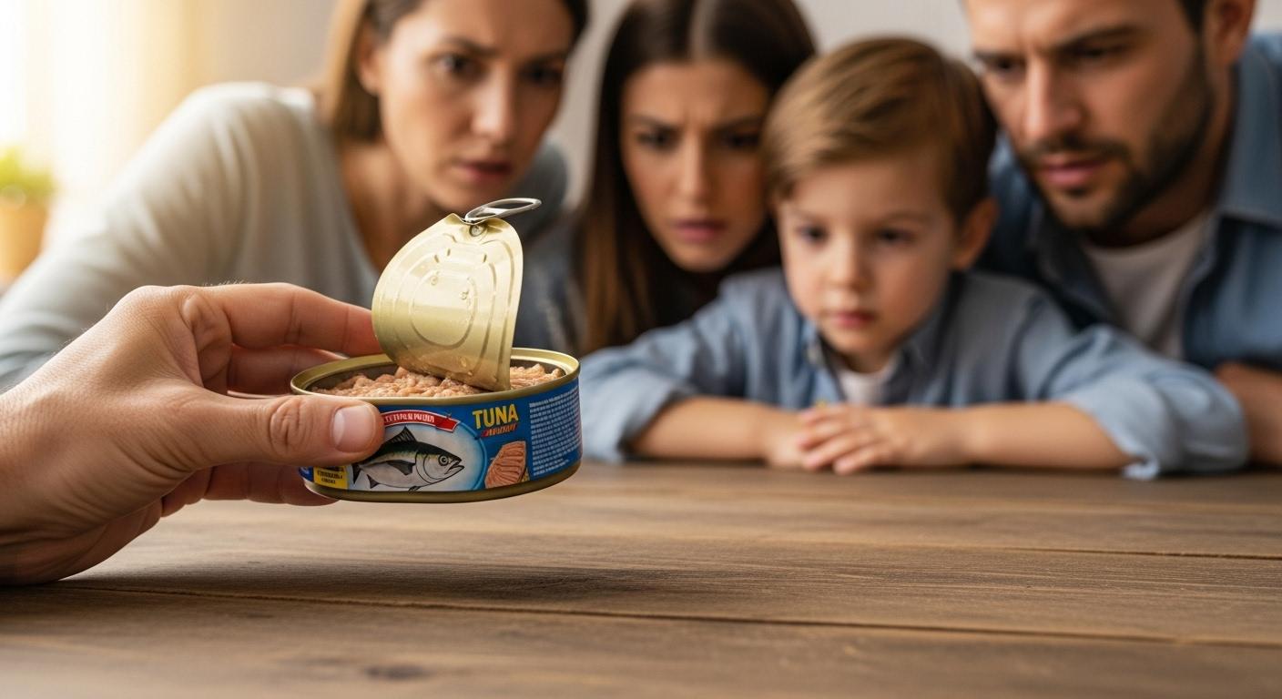 Une main tient une boîte de thon ouverte au-dessus d’une table, pendant qu’une famille examine l’étiquette de près, l’air attentif et soucieux.