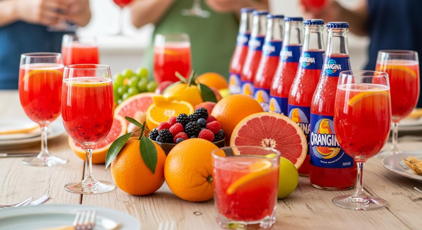 Une table de fête avec plusieurs verres transparents remplis d'orangina rouge pétillant, flotte de la pulpe en suspension dans les verres, au centre des fruits frais et des bouteilles alignées, ambiance lumineuse et conviviale.