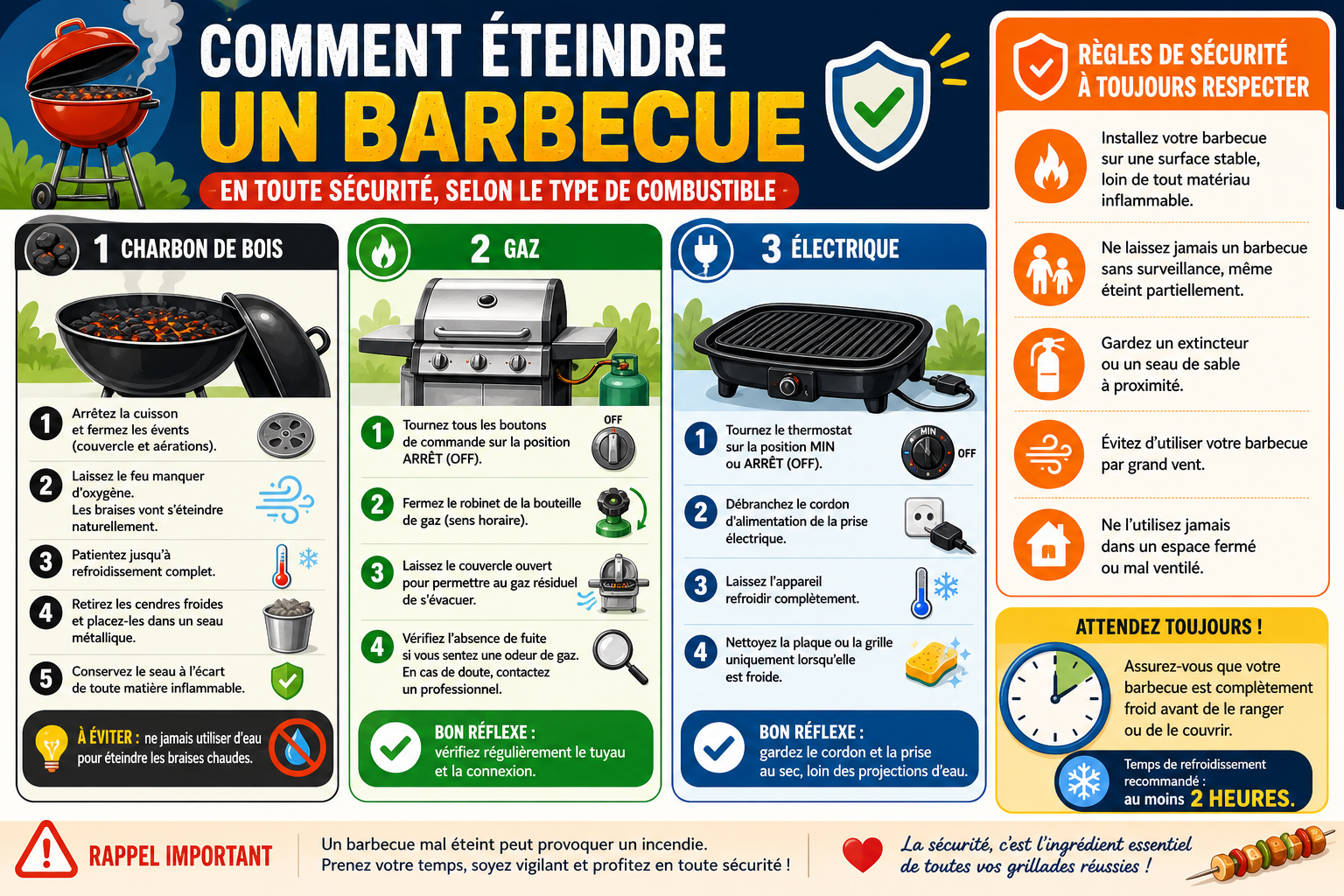 Infographie : Comment éteindre un barbecue en toute sécurité, selon le type de combustible