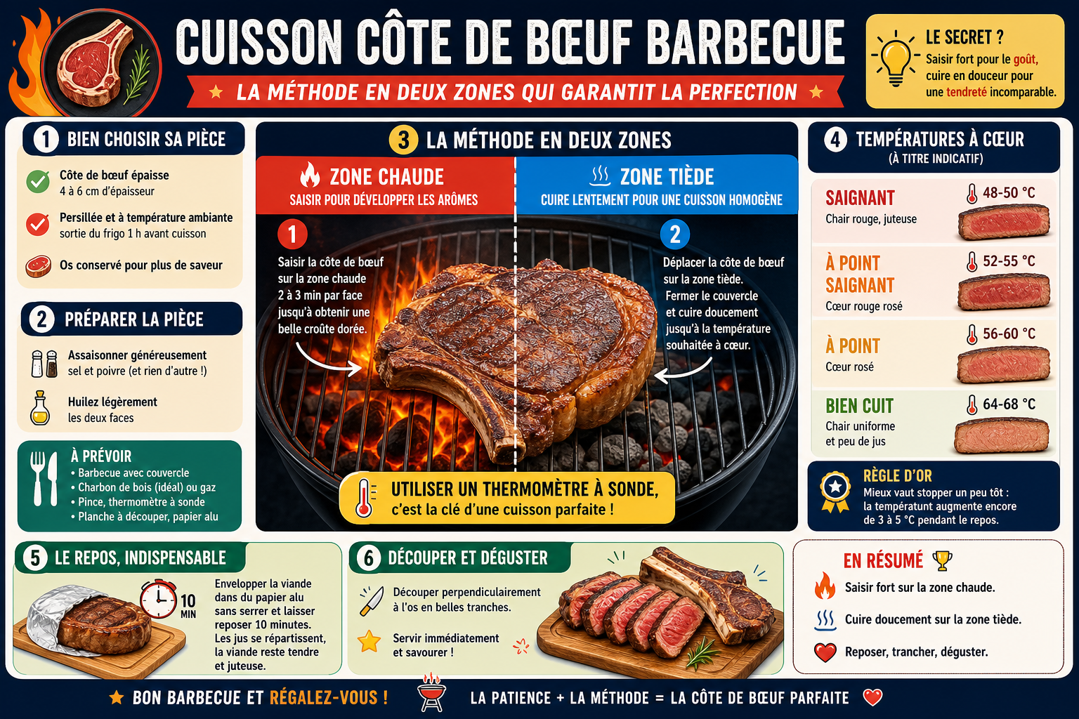 Infographie : Cuisson côte de bœuf barbecue : la méthode en deux zones qui garantit la perfection