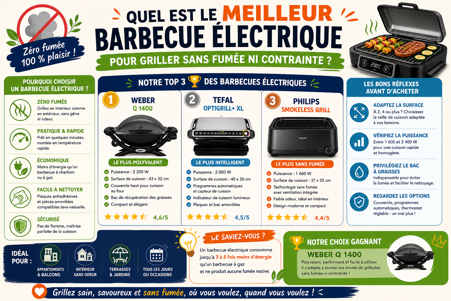 Infographie : Quel est le meilleur barbecue électrique pour griller sans fumée ni contrainte ?