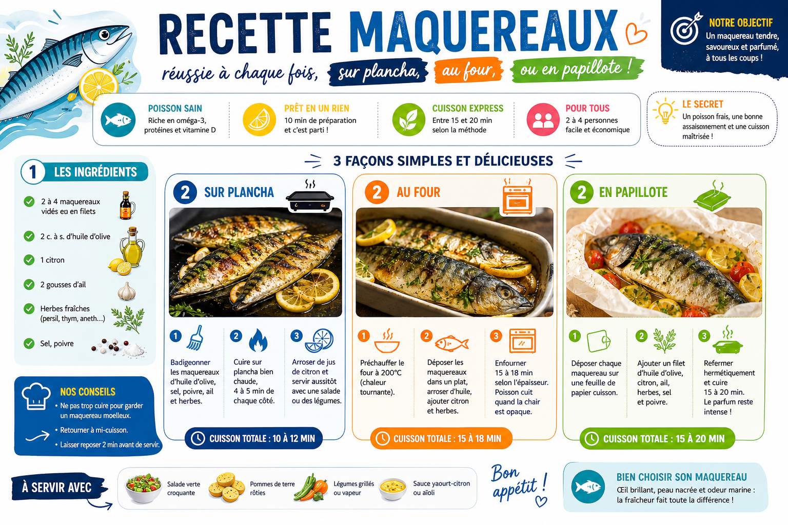 Infographie : Recette maquereaux réussie à chaque fois, sur plancha, au four ou en papillote