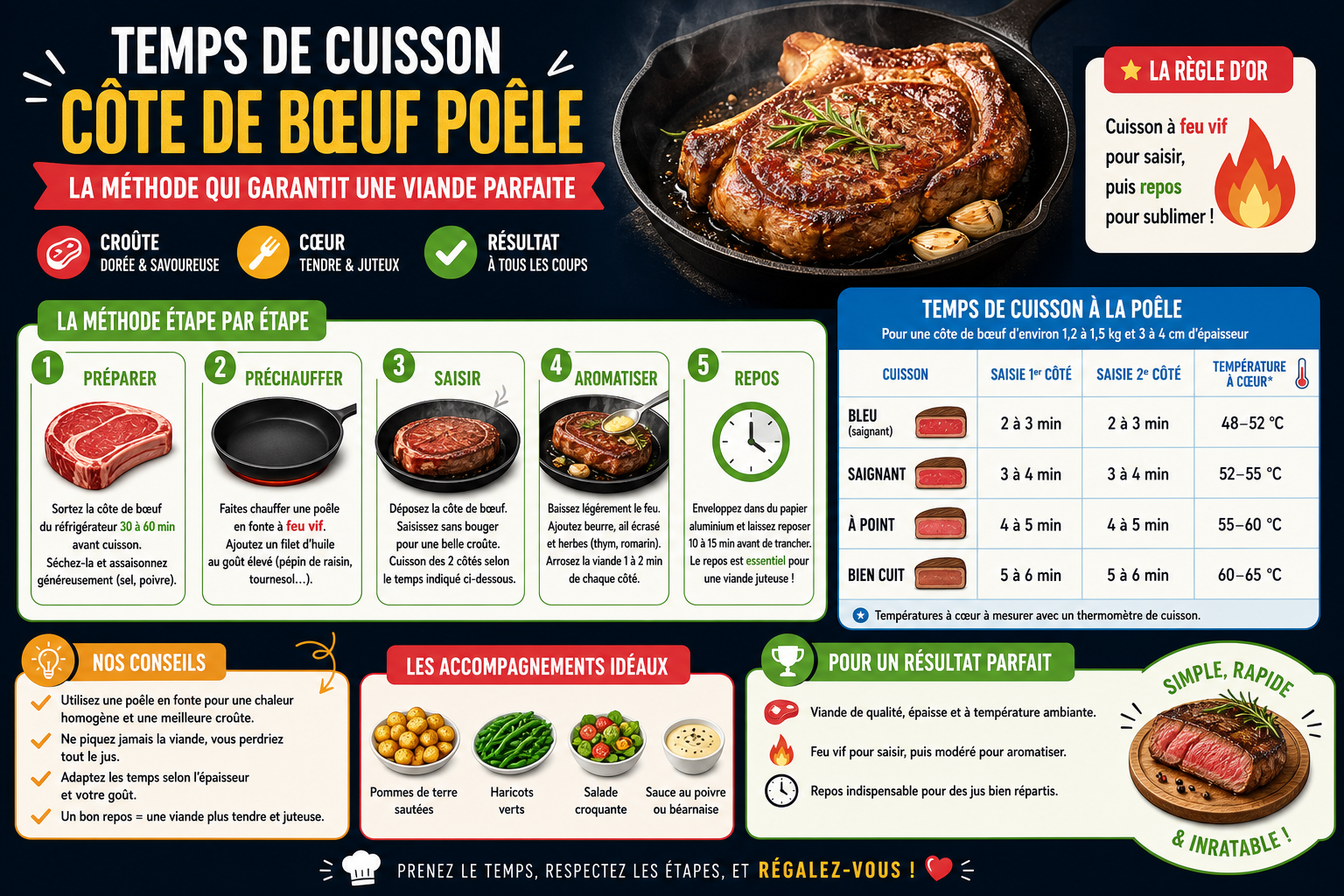 Infographie : Temps de cuisson côte de bœuf poêle : la méthode qui garantit une viande parfaite