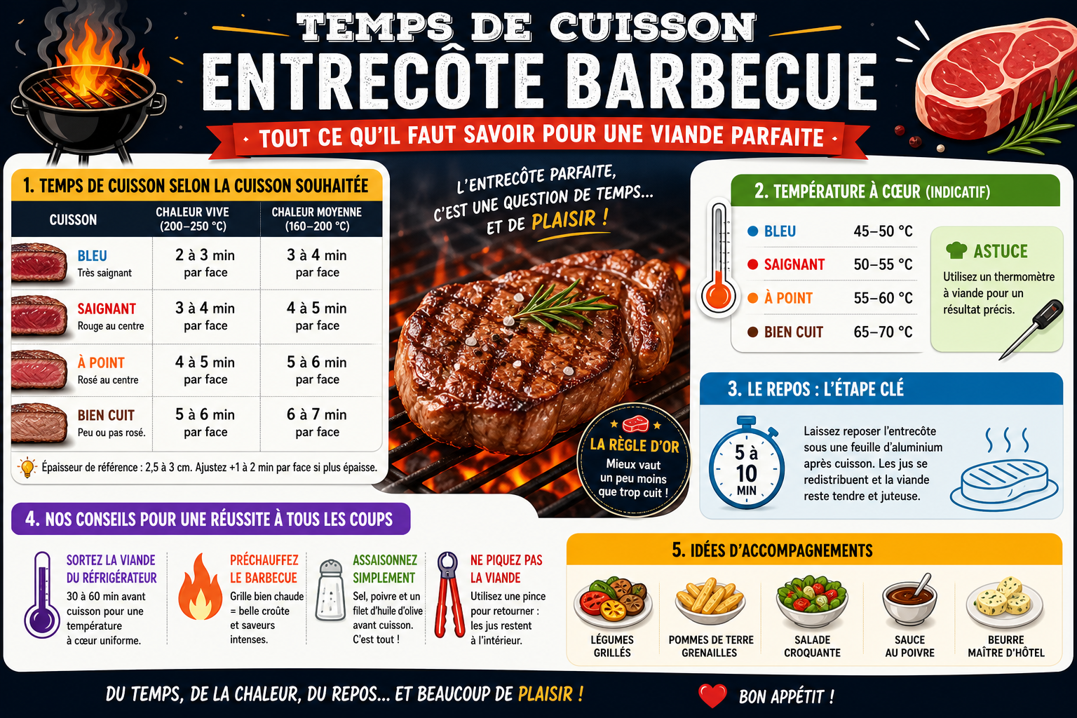 Infographie : Temps de cuisson entrecôte barbecue : tout ce qu'il faut savoir pour une viande parfaite
