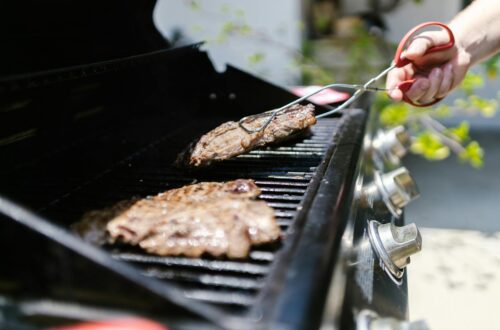 cuisine extérieure avec barbecue encastré et plan de travail en inox au jardin